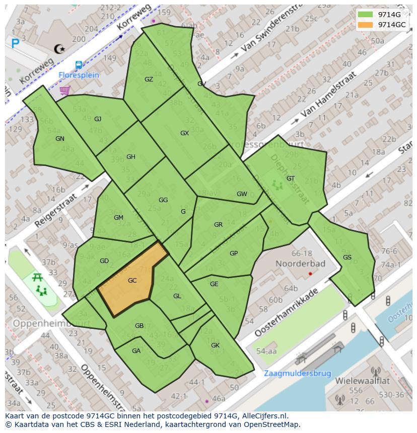 Afbeelding van het postcodegebied 9714 GC op de kaart.