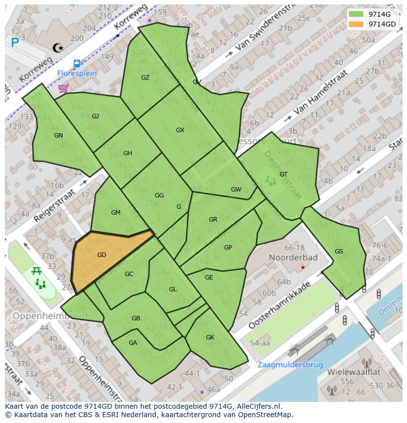 Afbeelding van het postcodegebied 9714 GD op de kaart.