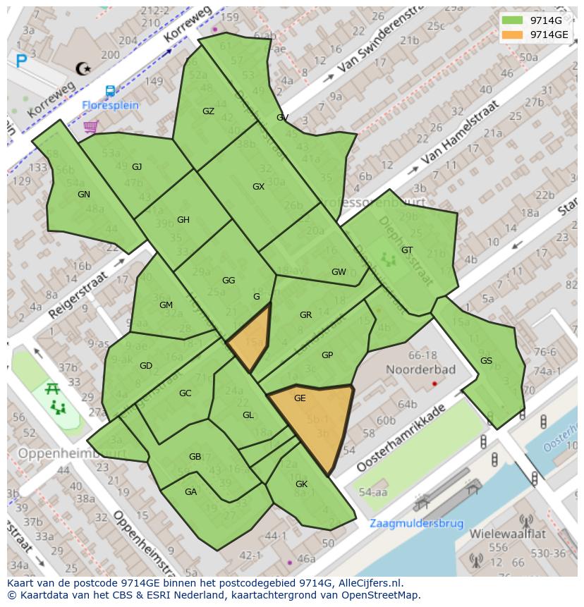 Afbeelding van het postcodegebied 9714 GE op de kaart.