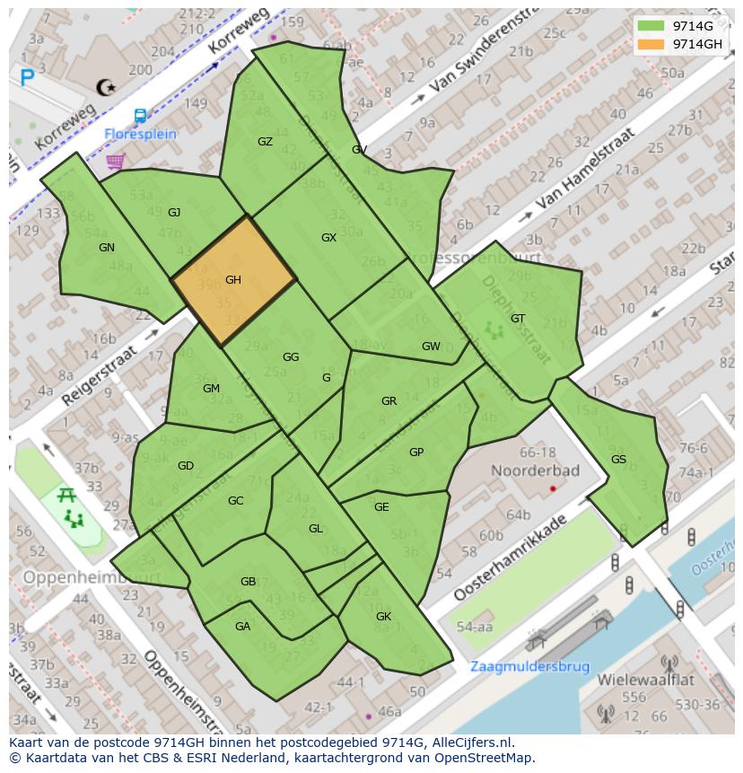 Afbeelding van het postcodegebied 9714 GH op de kaart.