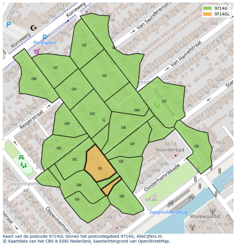 Afbeelding van het postcodegebied 9714 GL op de kaart.