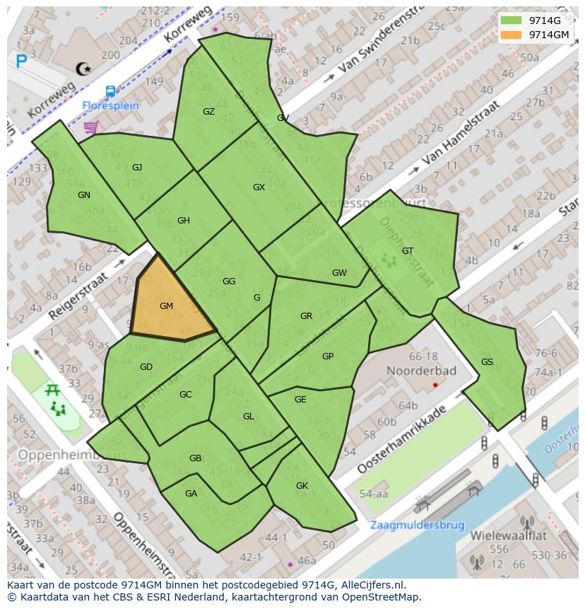 Afbeelding van het postcodegebied 9714 GM op de kaart.