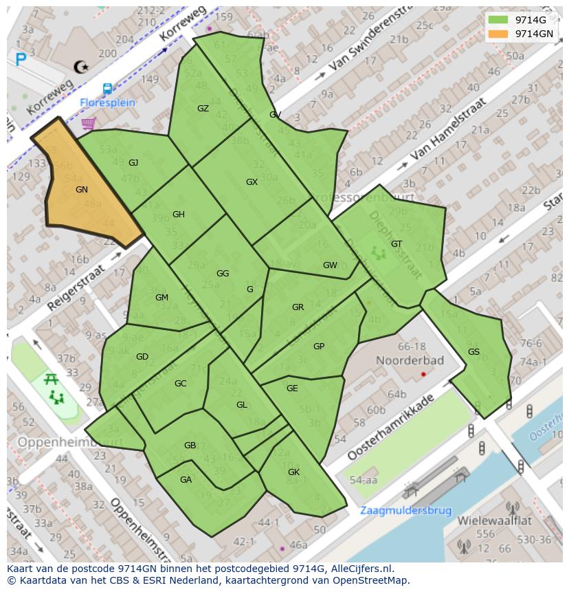 Afbeelding van het postcodegebied 9714 GN op de kaart.