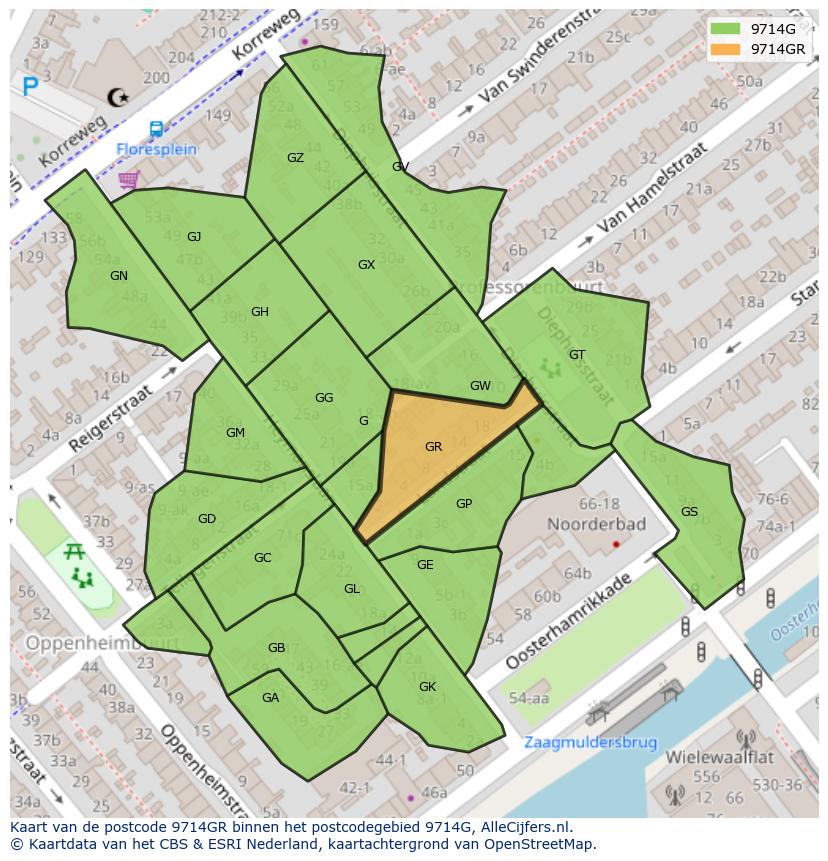 Afbeelding van het postcodegebied 9714 GR op de kaart.
