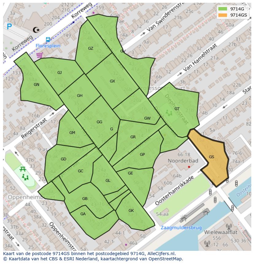 Afbeelding van het postcodegebied 9714 GS op de kaart.