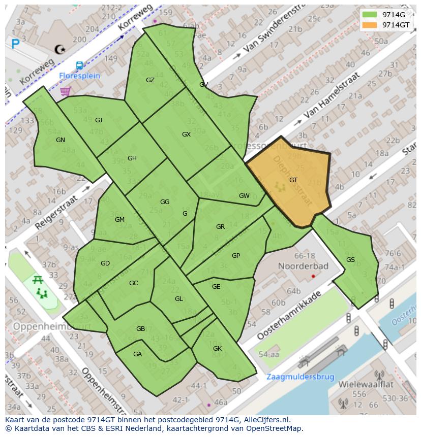Afbeelding van het postcodegebied 9714 GT op de kaart.