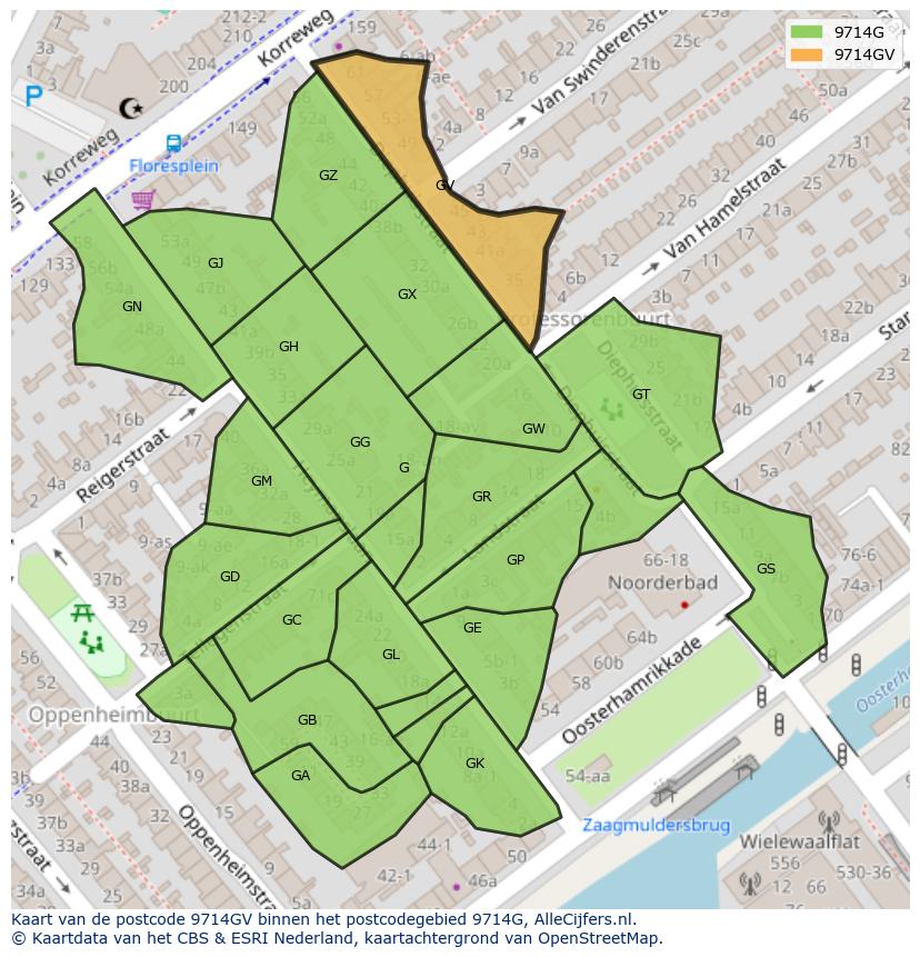 Afbeelding van het postcodegebied 9714 GV op de kaart.