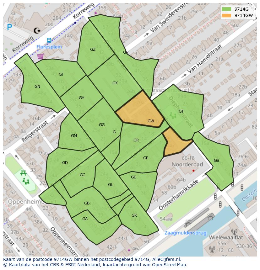 Afbeelding van het postcodegebied 9714 GW op de kaart.