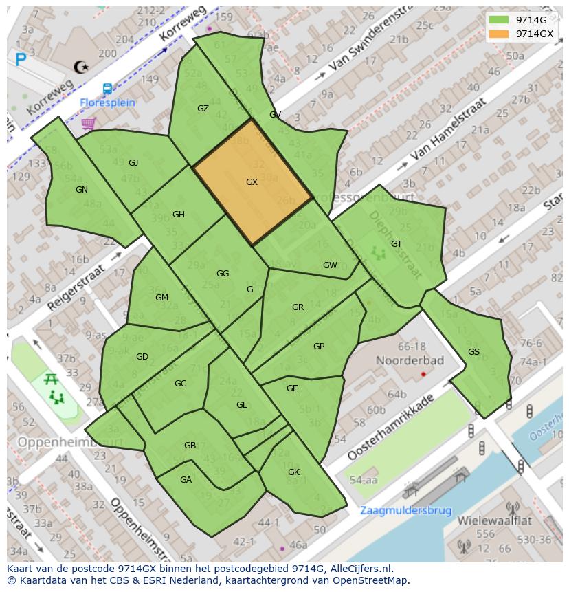 Afbeelding van het postcodegebied 9714 GX op de kaart.