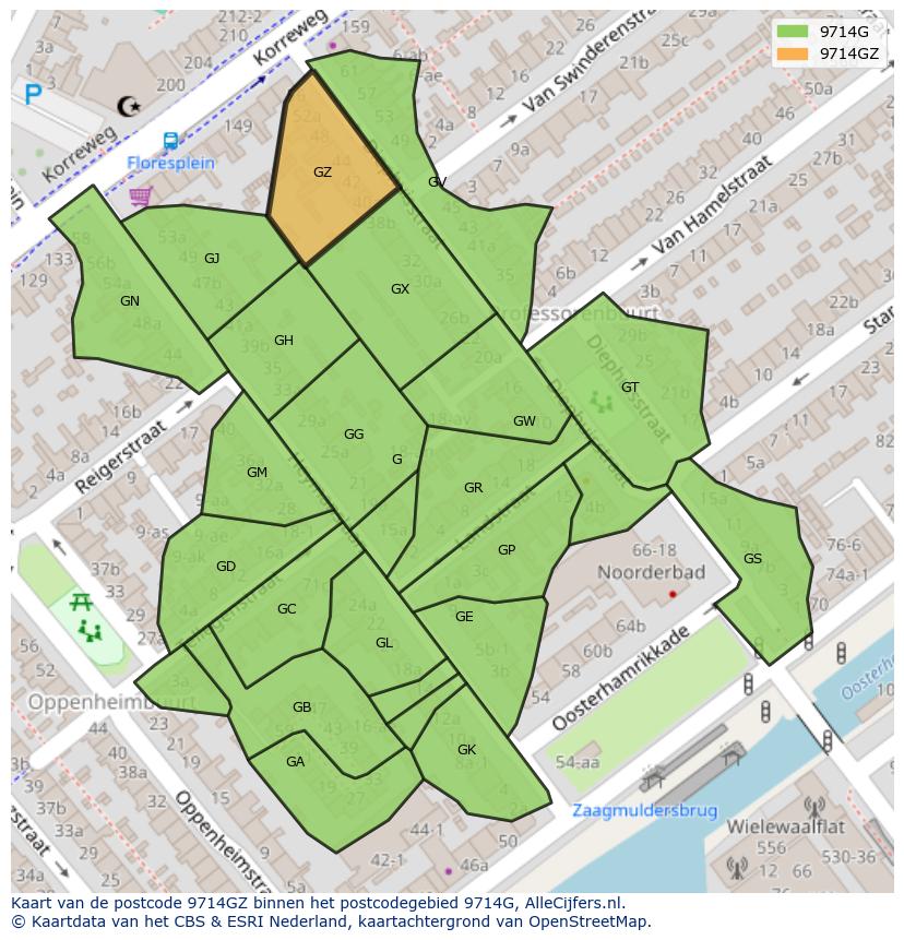 Afbeelding van het postcodegebied 9714 GZ op de kaart.