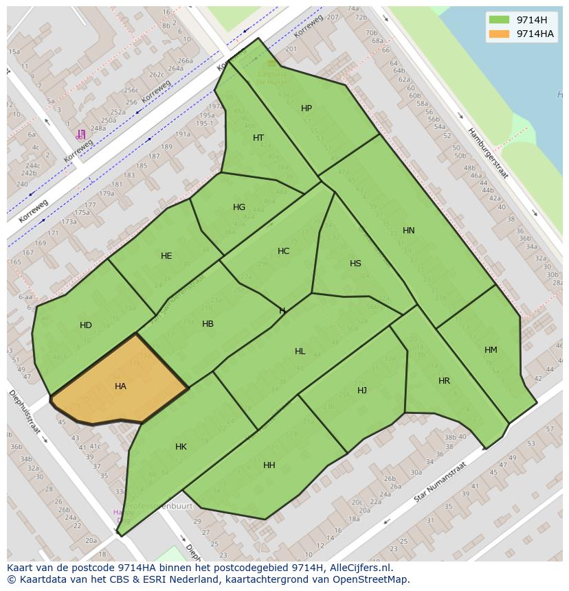 Afbeelding van het postcodegebied 9714 HA op de kaart.