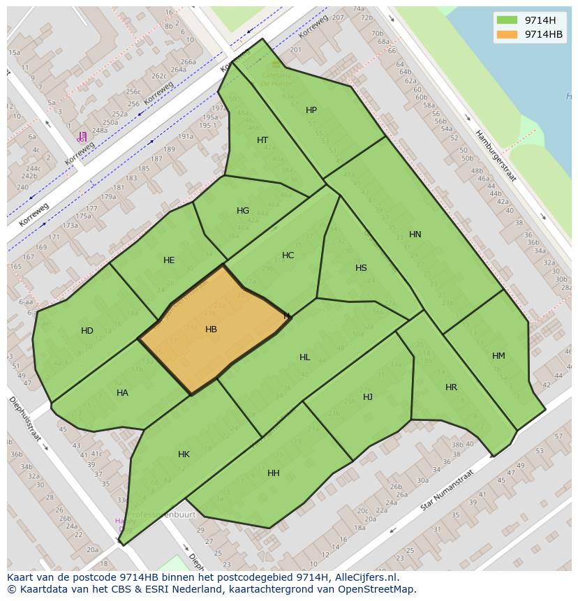 Afbeelding van het postcodegebied 9714 HB op de kaart.