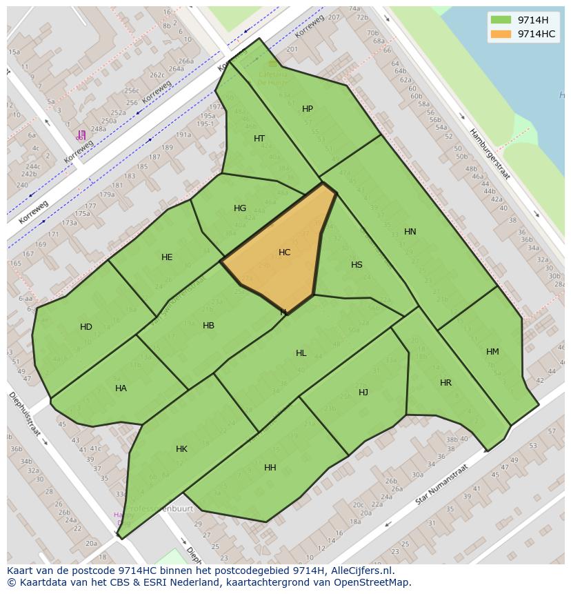Afbeelding van het postcodegebied 9714 HC op de kaart.