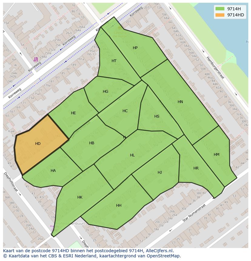 Afbeelding van het postcodegebied 9714 HD op de kaart.