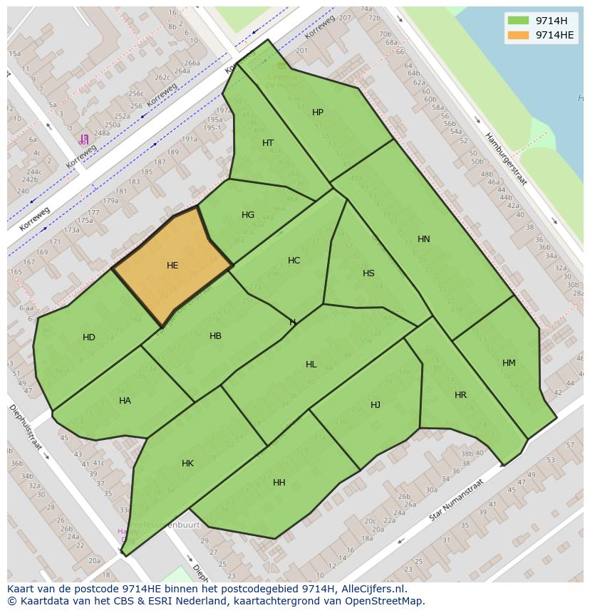 Afbeelding van het postcodegebied 9714 HE op de kaart.