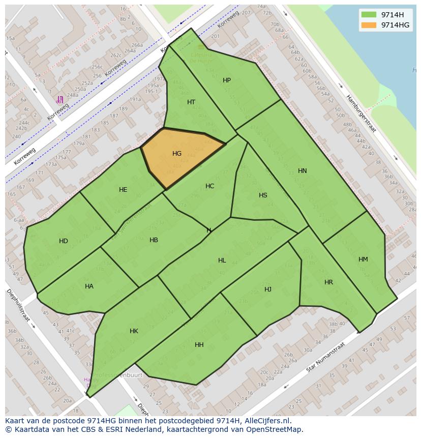 Afbeelding van het postcodegebied 9714 HG op de kaart.
