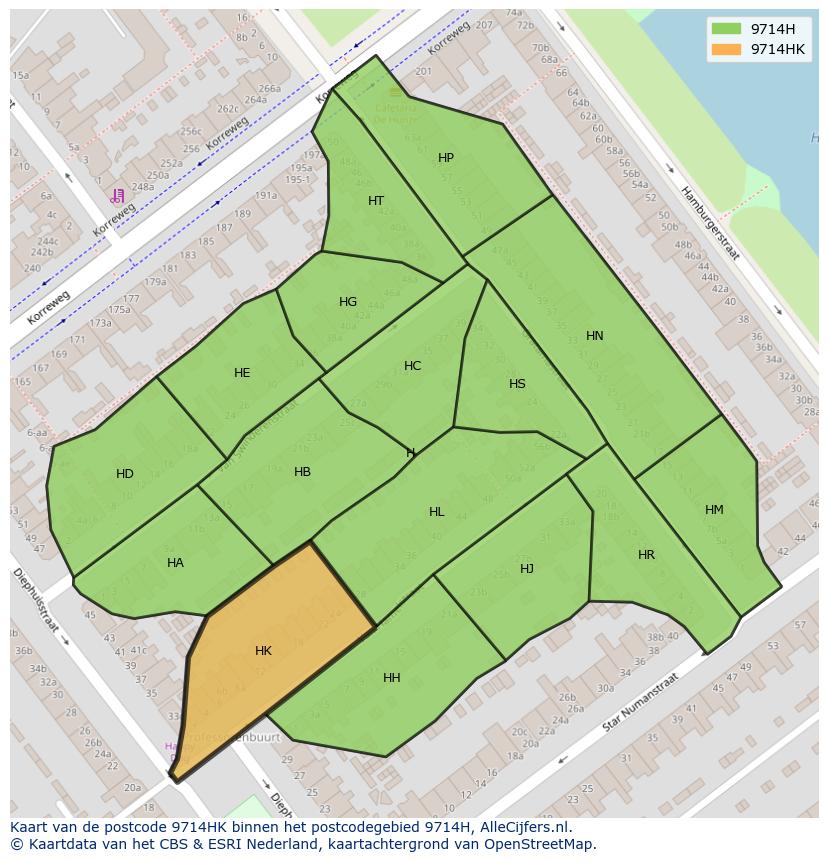 Afbeelding van het postcodegebied 9714 HK op de kaart.