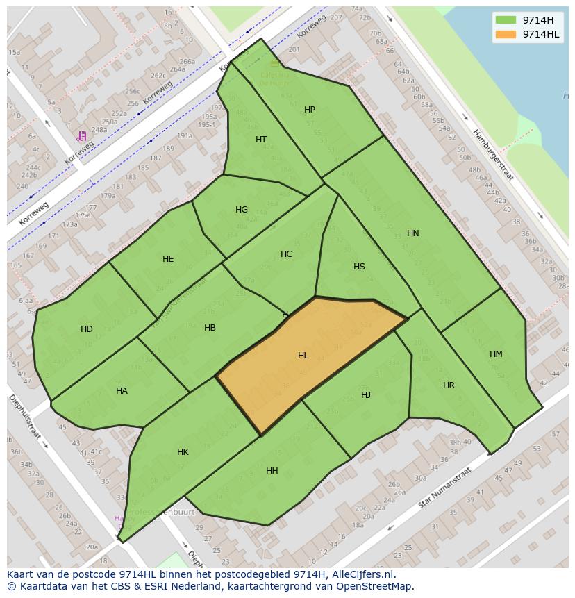 Afbeelding van het postcodegebied 9714 HL op de kaart.