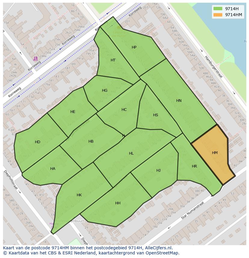 Afbeelding van het postcodegebied 9714 HM op de kaart.