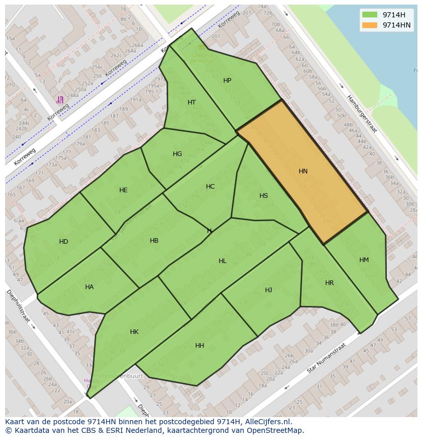 Afbeelding van het postcodegebied 9714 HN op de kaart.