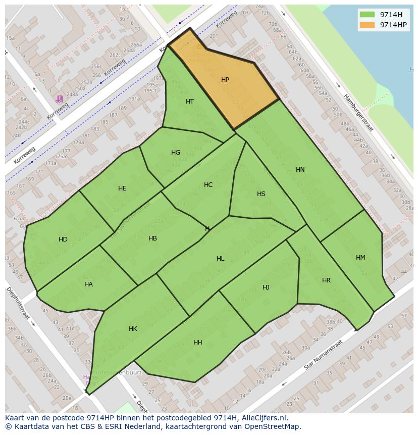 Afbeelding van het postcodegebied 9714 HP op de kaart.