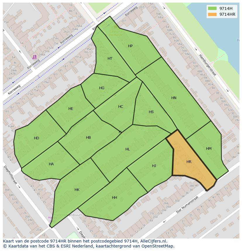 Afbeelding van het postcodegebied 9714 HR op de kaart.
