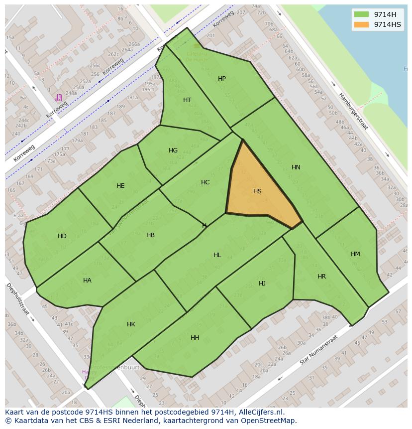 Afbeelding van het postcodegebied 9714 HS op de kaart.
