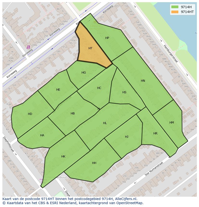 Afbeelding van het postcodegebied 9714 HT op de kaart.
