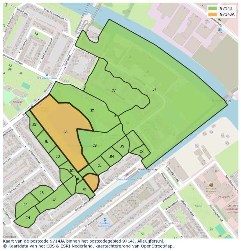 Afbeelding van het postcodegebied 9714 JA op de kaart.
