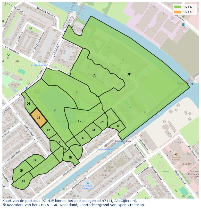 Afbeelding van het postcodegebied 9714 JE op de kaart.