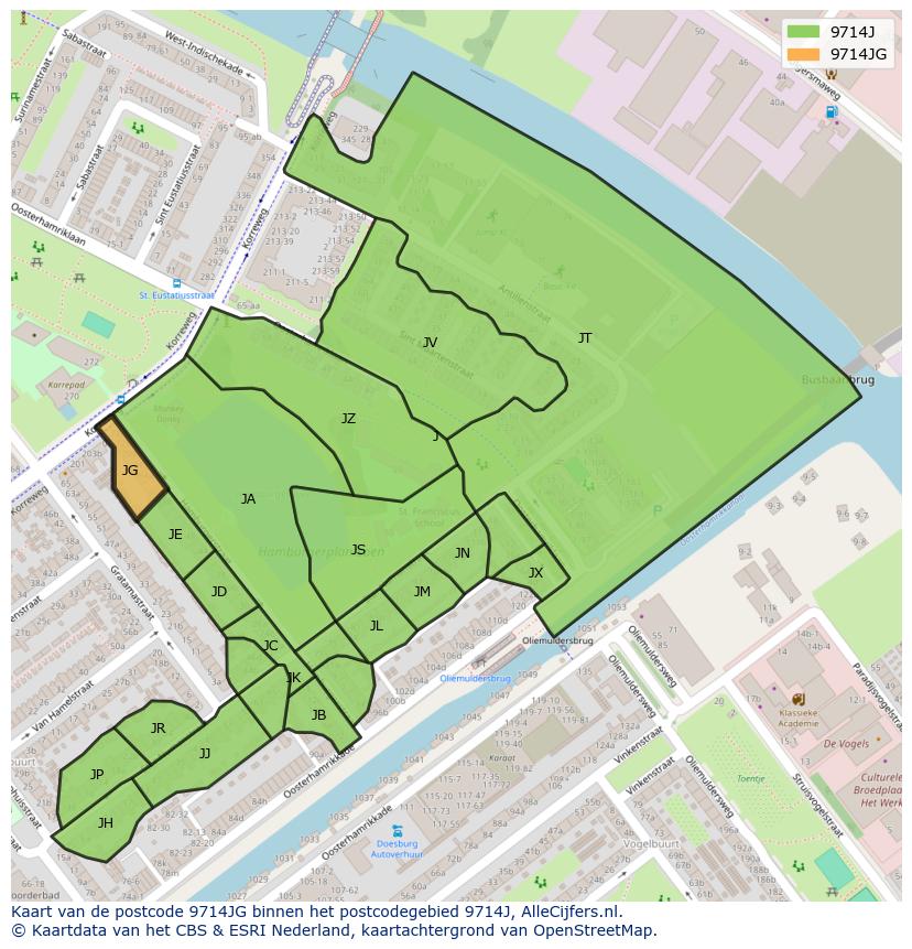 Afbeelding van het postcodegebied 9714 JG op de kaart.