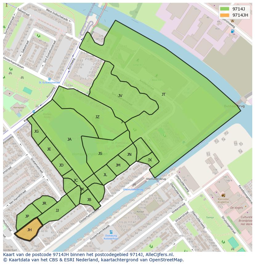 Afbeelding van het postcodegebied 9714 JH op de kaart.