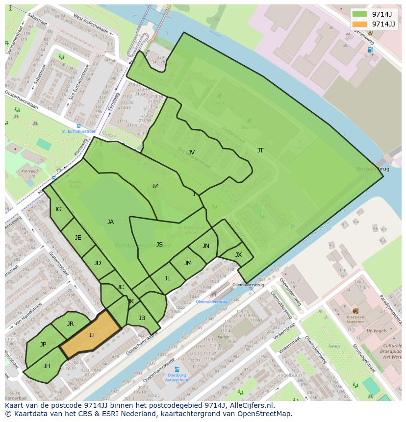 Afbeelding van het postcodegebied 9714 JJ op de kaart.
