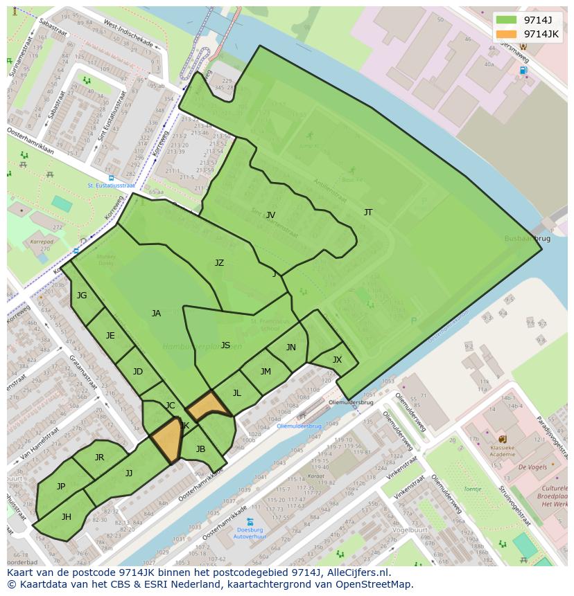 Afbeelding van het postcodegebied 9714 JK op de kaart.