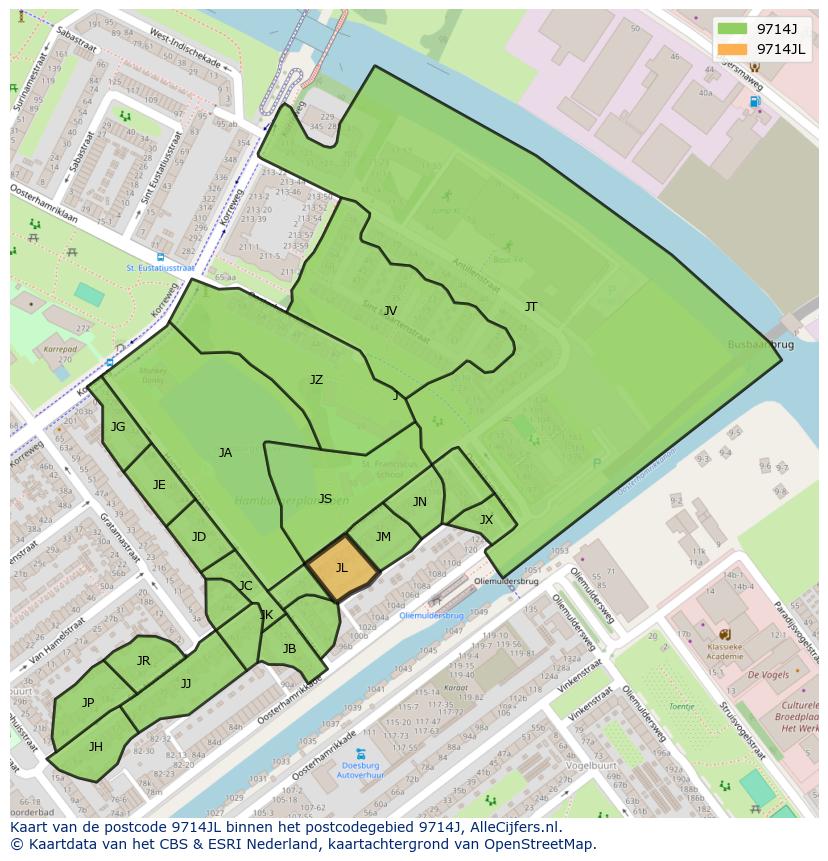 Afbeelding van het postcodegebied 9714 JL op de kaart.