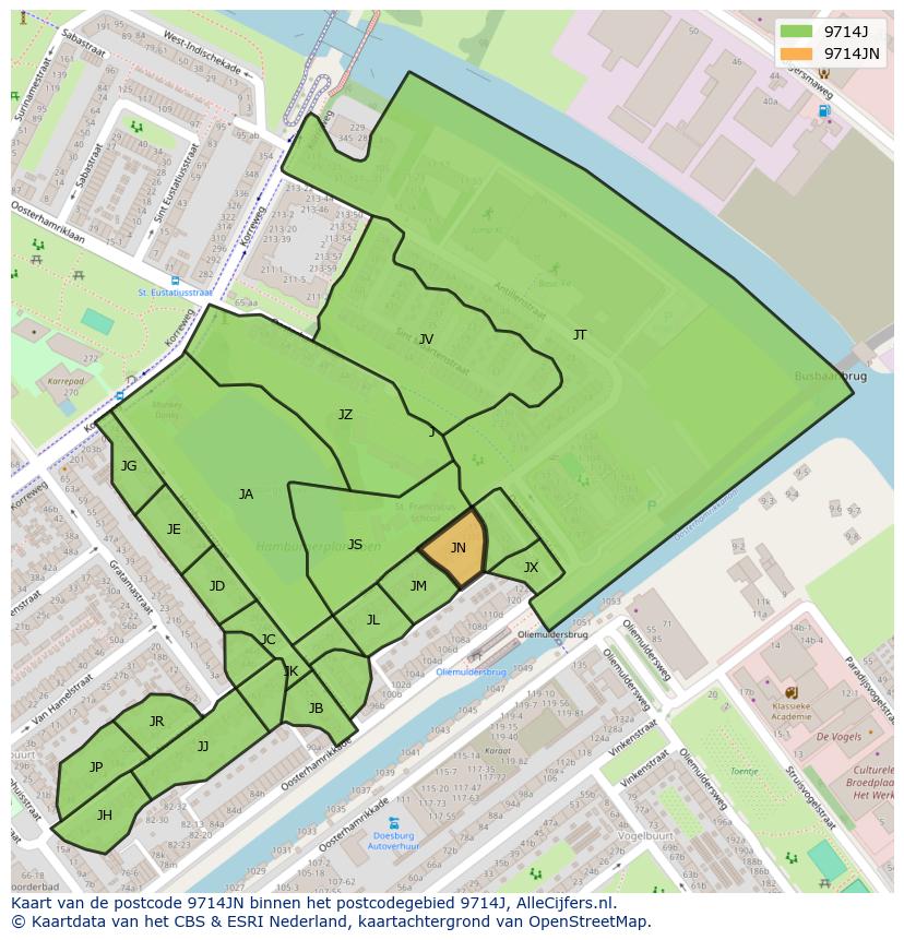 Afbeelding van het postcodegebied 9714 JN op de kaart.