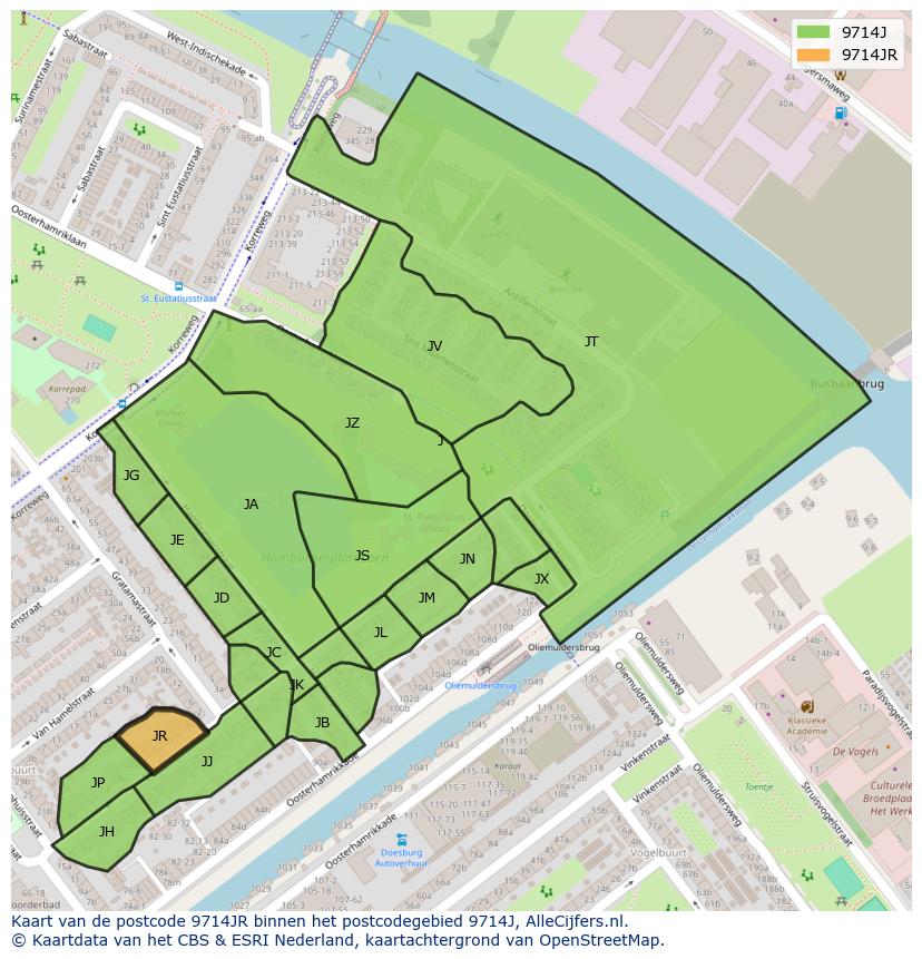 Afbeelding van het postcodegebied 9714 JR op de kaart.