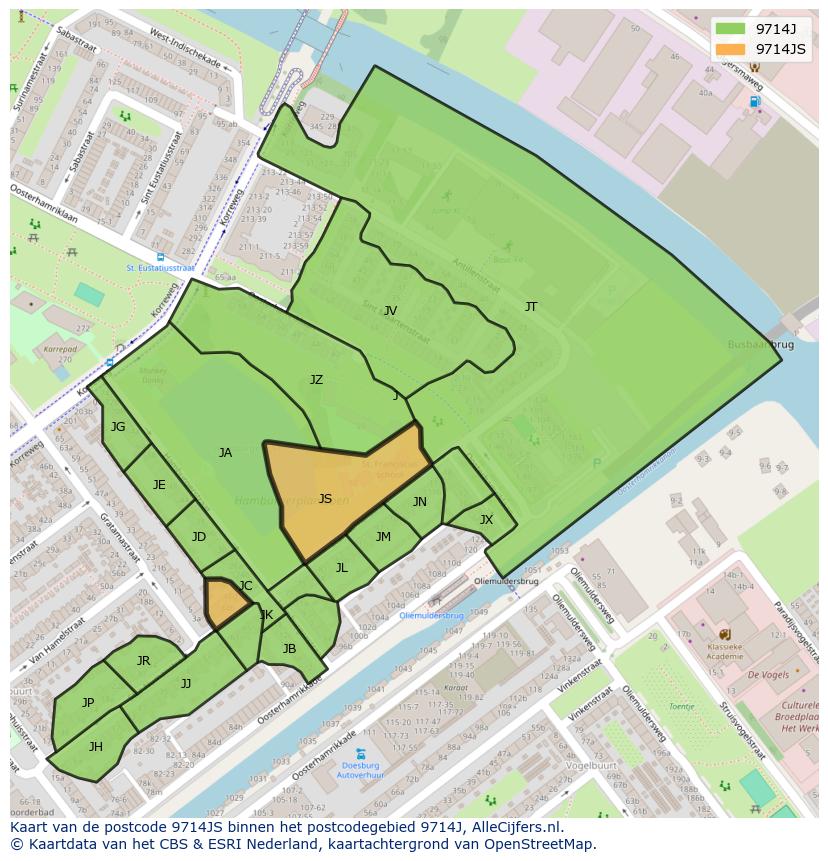 Afbeelding van het postcodegebied 9714 JS op de kaart.