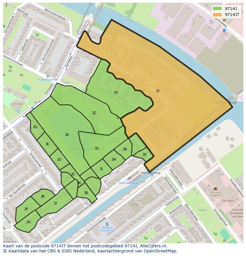 Afbeelding van het postcodegebied 9714 JT op de kaart.