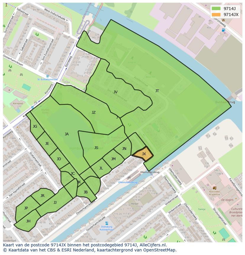 Afbeelding van het postcodegebied 9714 JX op de kaart.