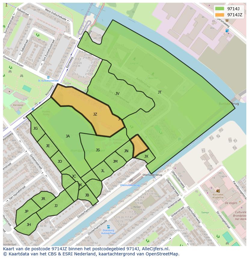 Afbeelding van het postcodegebied 9714 JZ op de kaart.