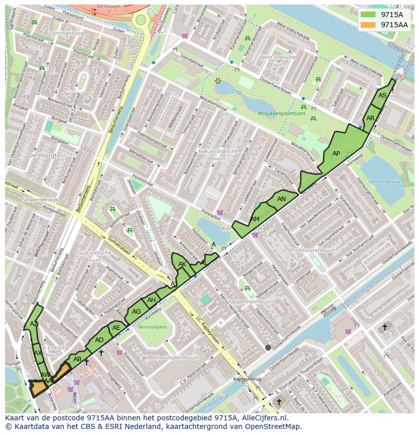 Afbeelding van het postcodegebied 9715 AA op de kaart.