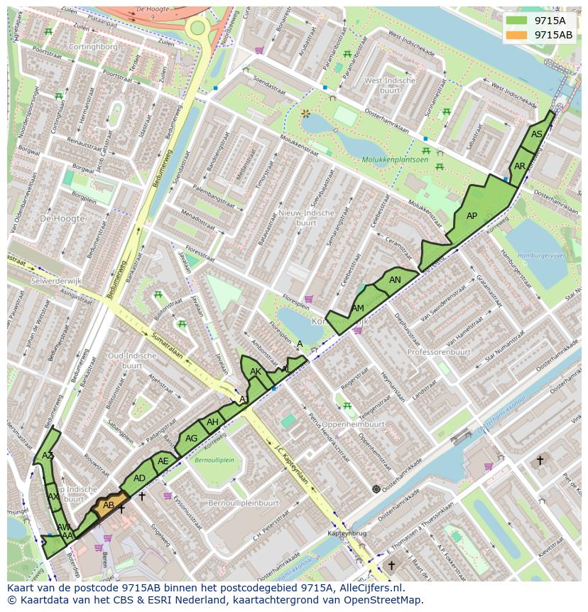 Afbeelding van het postcodegebied 9715 AB op de kaart.