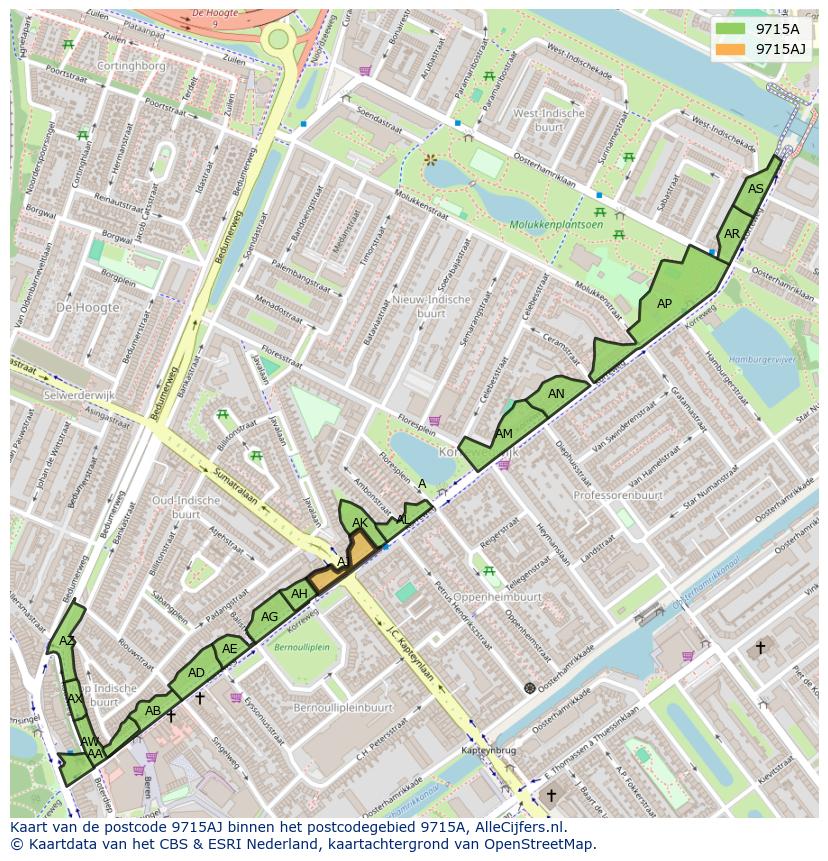 Afbeelding van het postcodegebied 9715 AJ op de kaart.
