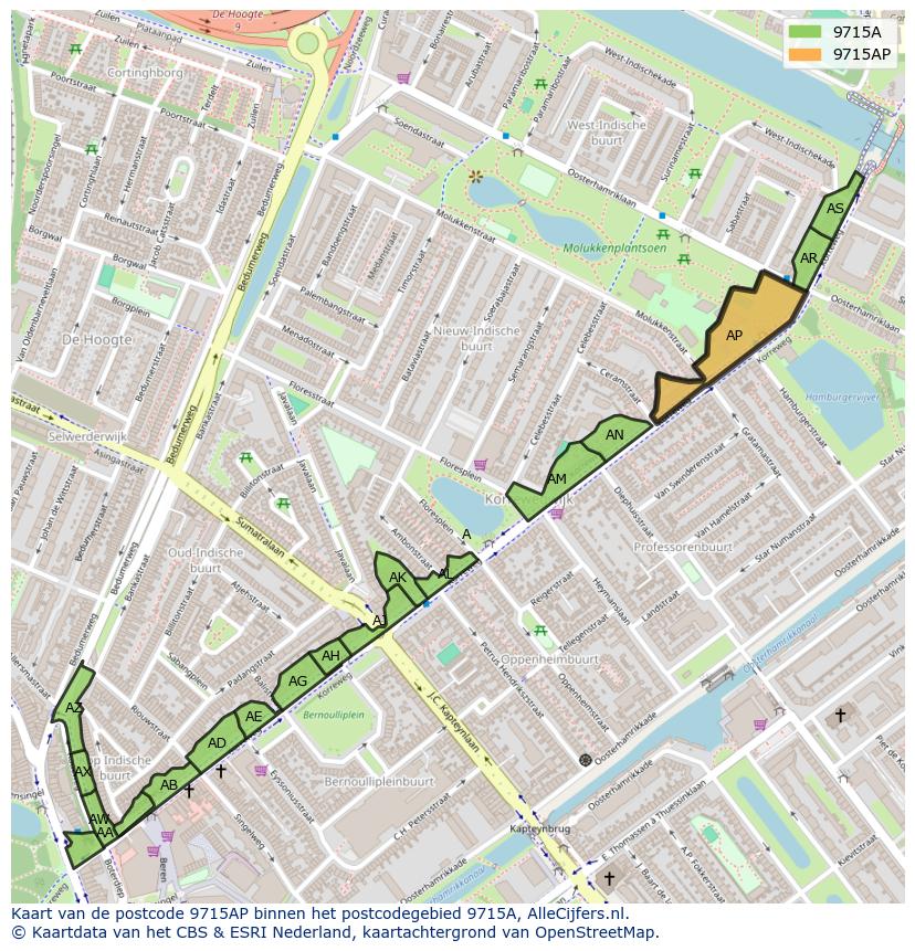 Afbeelding van het postcodegebied 9715 AP op de kaart.