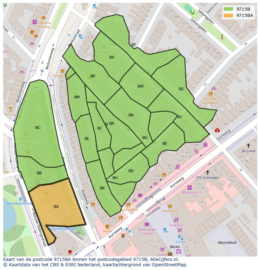 Afbeelding van het postcodegebied 9715 BA op de kaart.
