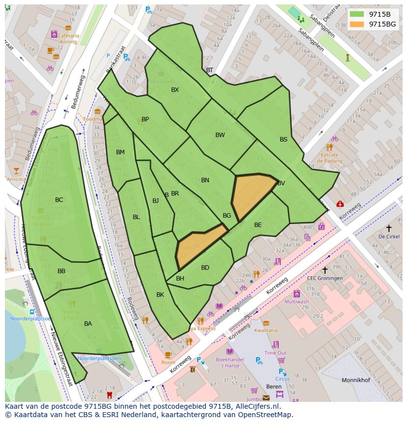 Afbeelding van het postcodegebied 9715 BG op de kaart.
