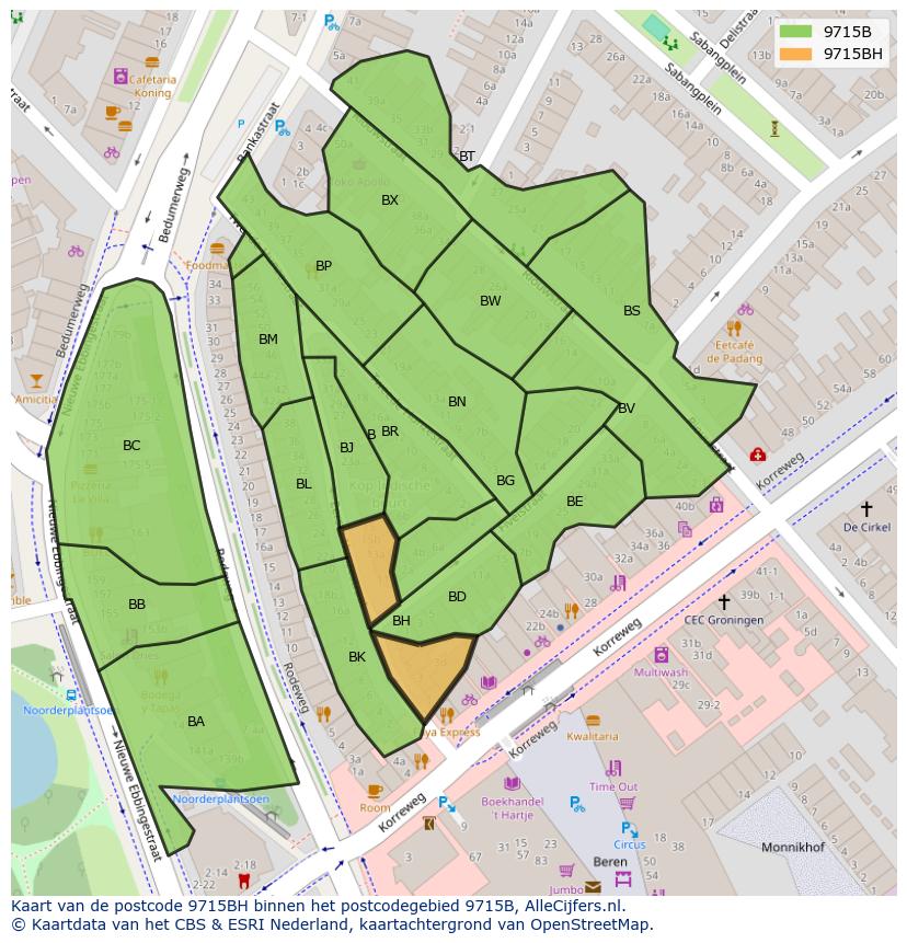 Afbeelding van het postcodegebied 9715 BH op de kaart.