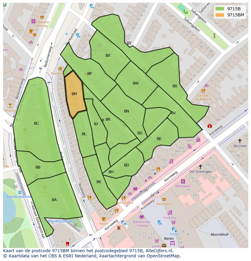 Afbeelding van het postcodegebied 9715 BM op de kaart.
