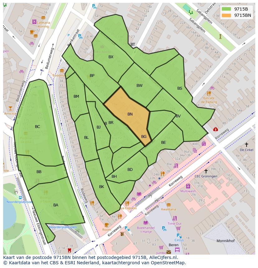 Afbeelding van het postcodegebied 9715 BN op de kaart.